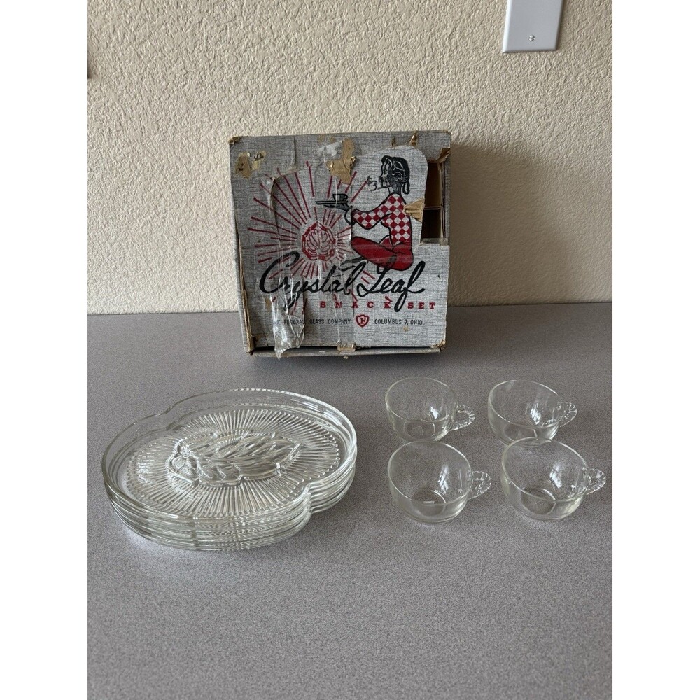 Vintage Federal Glass Crystal Leaf Snack Set w/ Original Box – 8 Pc Clear Glass